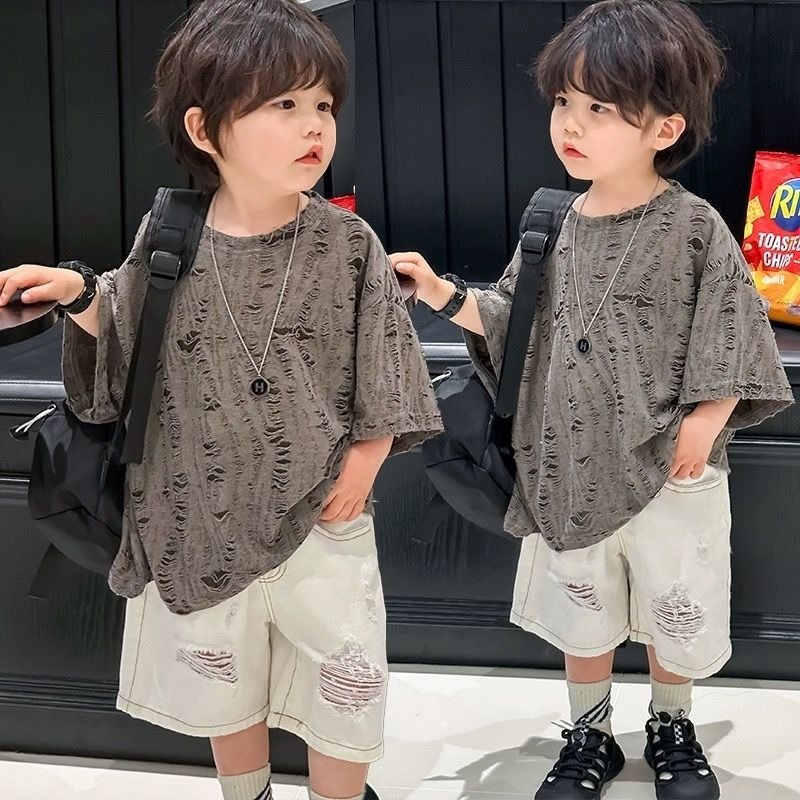 Kidเสื้อยืดรอบคอแขนสั้นบางหลวมTเสื้อธรรมดาHole Breaking Design Topsแฟชั่นเด็กสาวUnisexสวมใส่