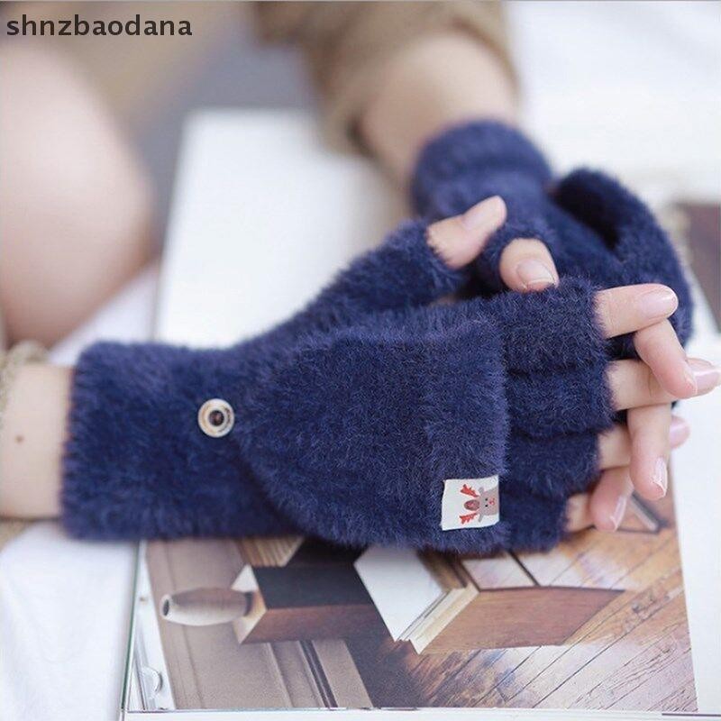 [SHNZAA] ฤดูหนาวผู้หญิงครึ่งนิ้วถุงมือ Flip-top นักเรียนสาวน่ารักการ์ตูน Warm สบายนุ่มมีสไตล์หนา Knitg Mittens FSSG