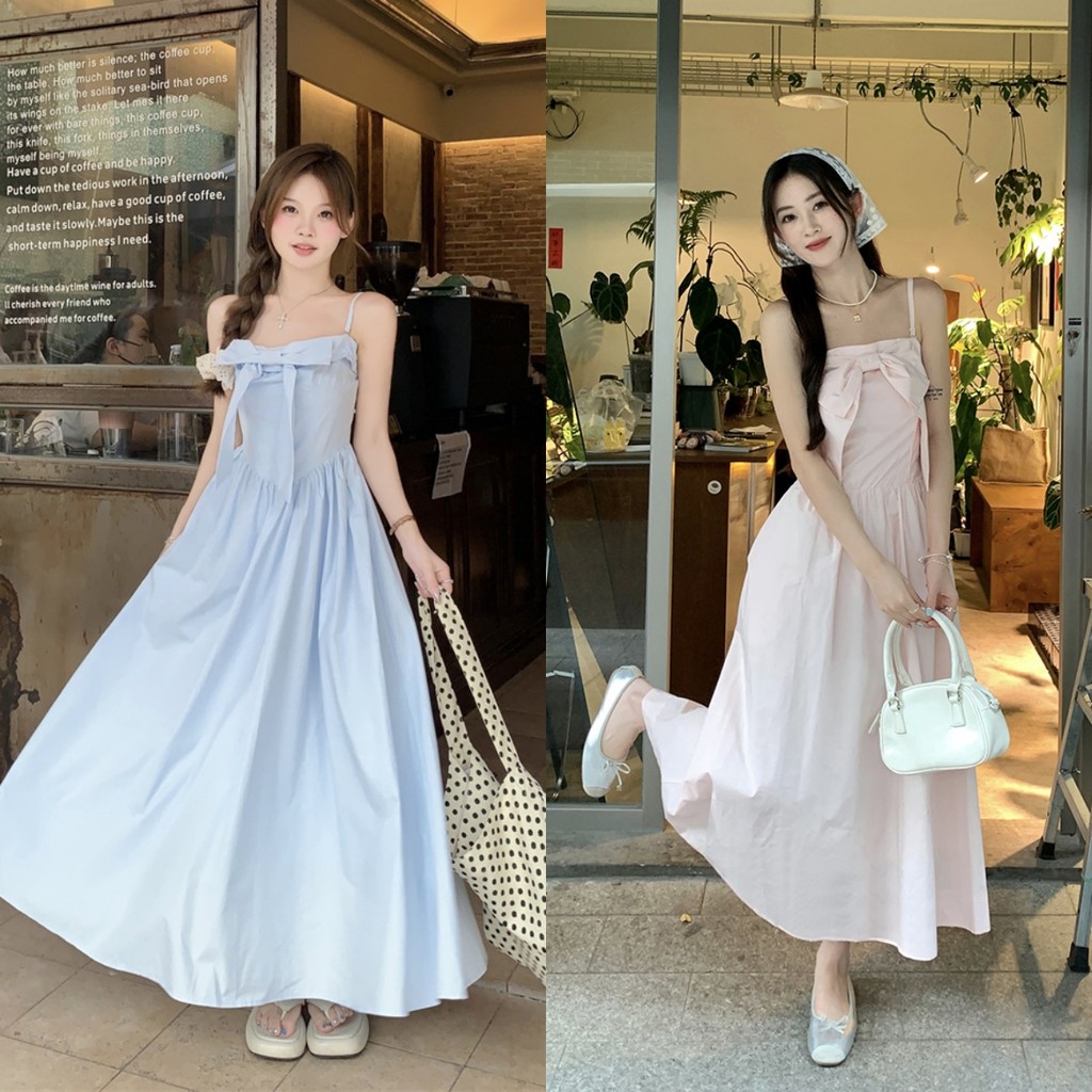 Luna Shop ชุดเดรสสายเดี่ยวสีน้ำเงินโบว์สำหรับผู้หญิงกระโปรงทรงเอเข้ารูปใส่แล้วดูผอมเพรียวฤดูร้อน