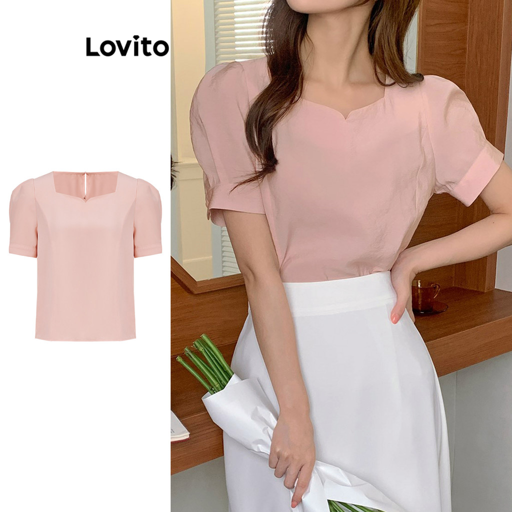 Lovito เสื้อเบลาส์จีบเรียบหรูสำหรับผู้หญิง L109MD490