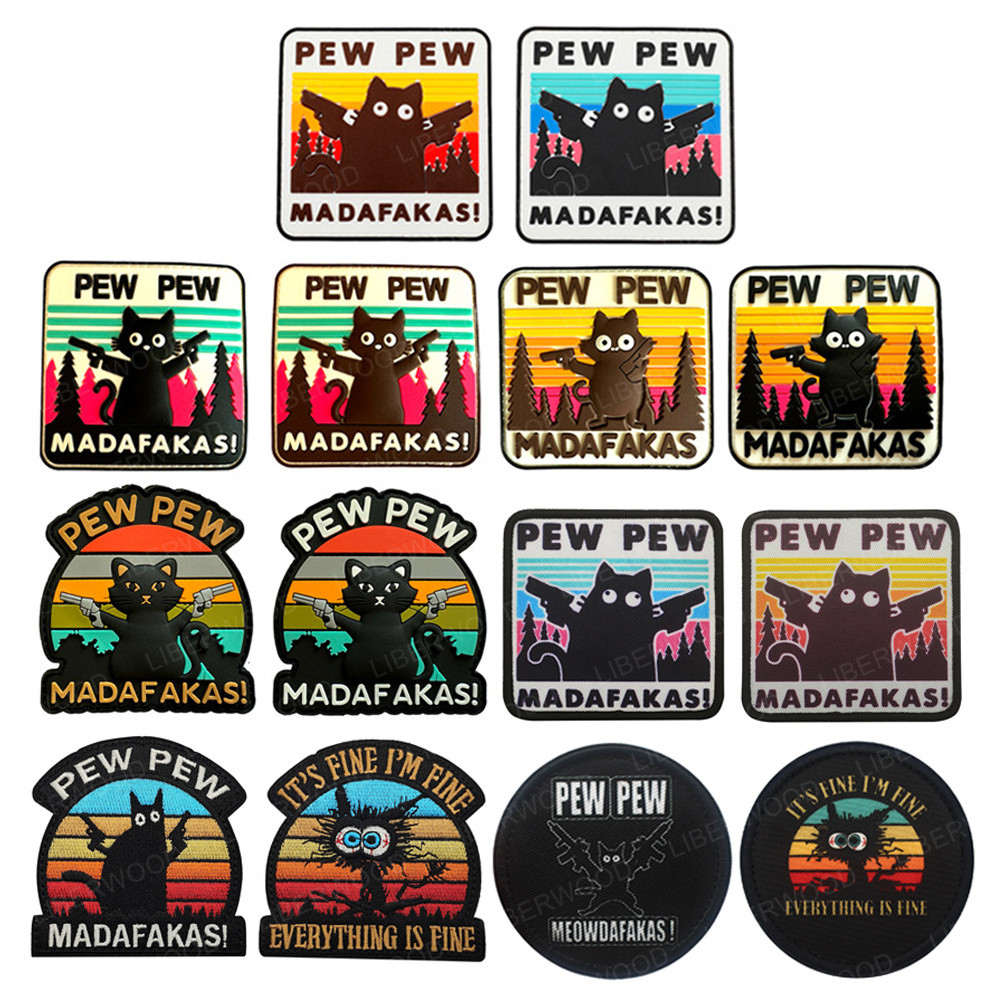 Pew Pew Madafakas ยุทธวิธีตลก Burnt Cat Gun Cat Patch Its Fine Im Fine Custom Badge สําหรับกระเป๋าเป้สะพายหลัง เกียร์ เสื้อผ้า หมวก