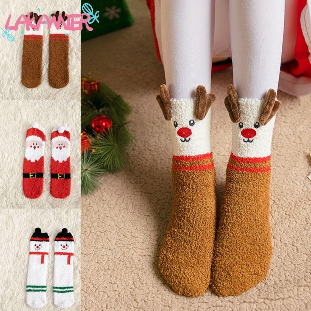 Lakamiergd ถุงเท้ากลางหลอด, Snowman Elk Keep ถุงเท้าคริสต์มาสที่อบอุ่น, การ์ตูนนุ่มขนแกะปะการังถุงเท้านอนคริสต์มาส Xmas