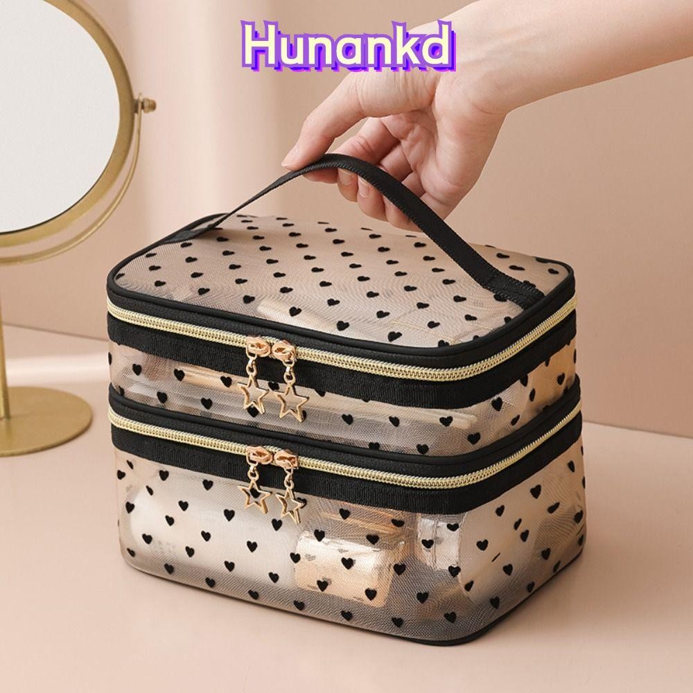 กระเป๋าแต่งหน้า HUAN ความจุขนาดใหญ่สีดําสีเทา Nude Travel กระเป๋าเครื่องสําอาง Double-layers Nylon Organizer Storage Travel