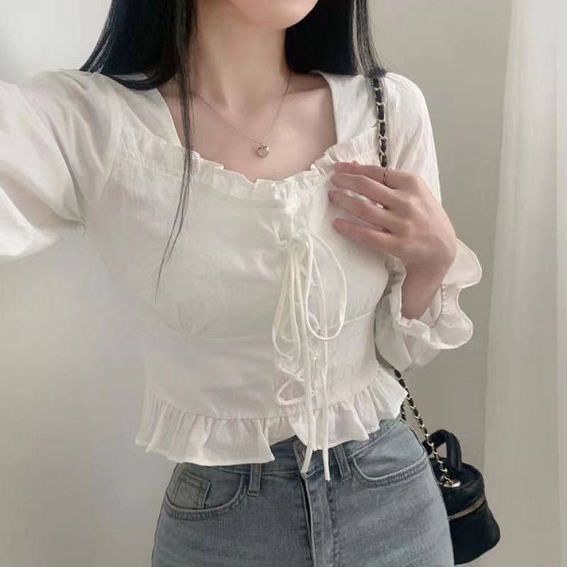 🧡LINNA🧡จัดส่งภายใน 24 ชั่วโมง🚀สีทึบ เวอร์ชั่นเกาหลี แขนยาว เสื้อเชิ้ต ผูกขึ้น หวาน สันทนาการ