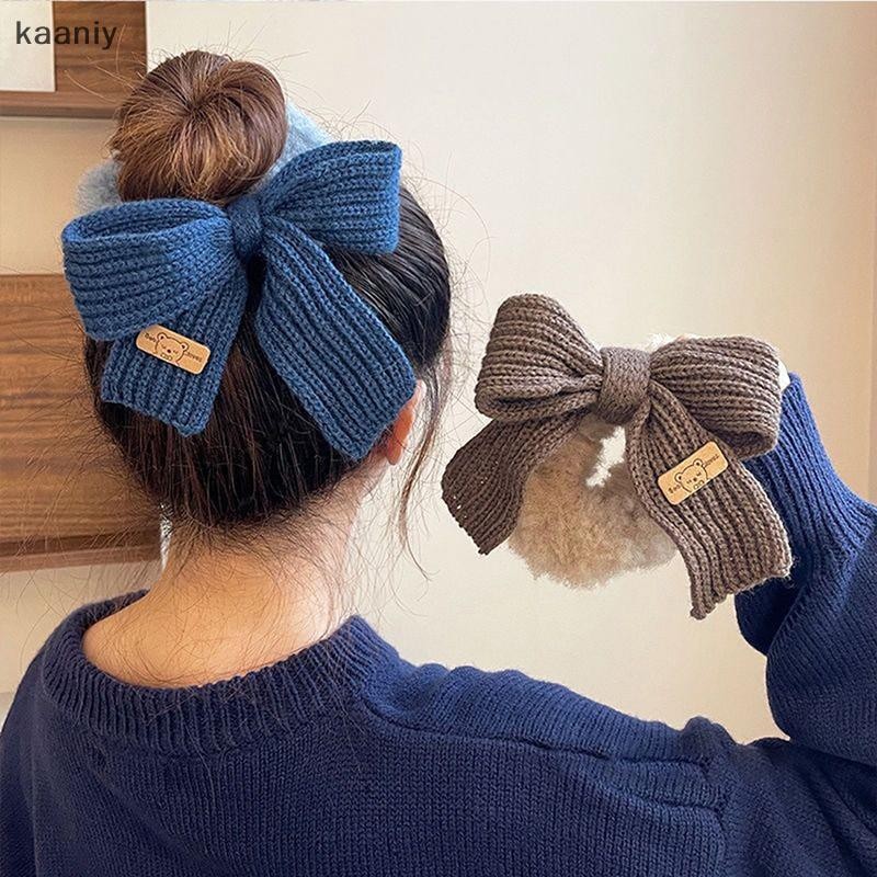[KAN] ใหม่ Scrunchie ผู้หญิงผมอบอุ่น Scrunchies ฤดูหนาวถักผม Ties โบว์ผมวง FXH