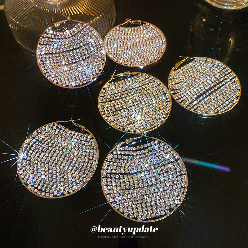 ต่างหูทรงกลมเรขาคณิตประดับเพชรเข็มเงินหรูหราเกินจริง