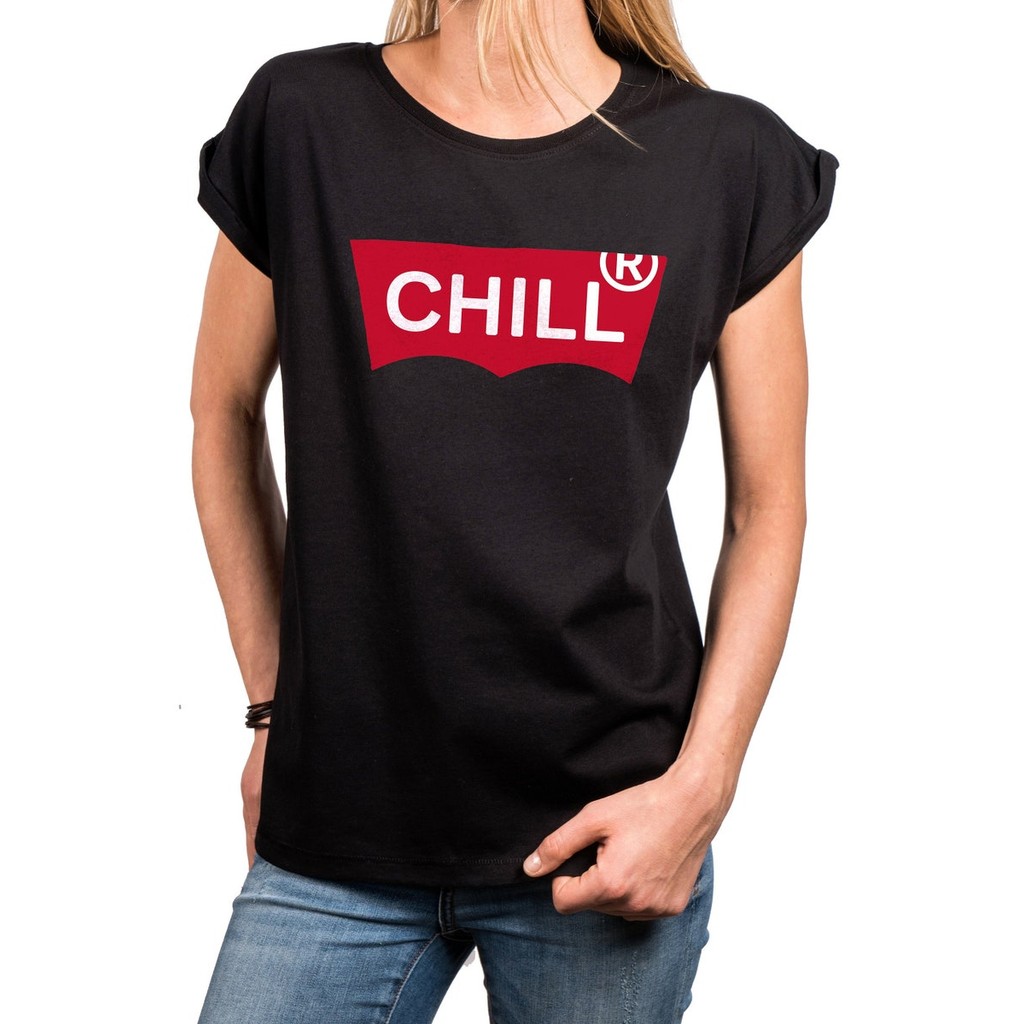 Cool ladies T-shirt with print, chill, slogan shirt, parody shirt, loose fit, large sizes, black, si