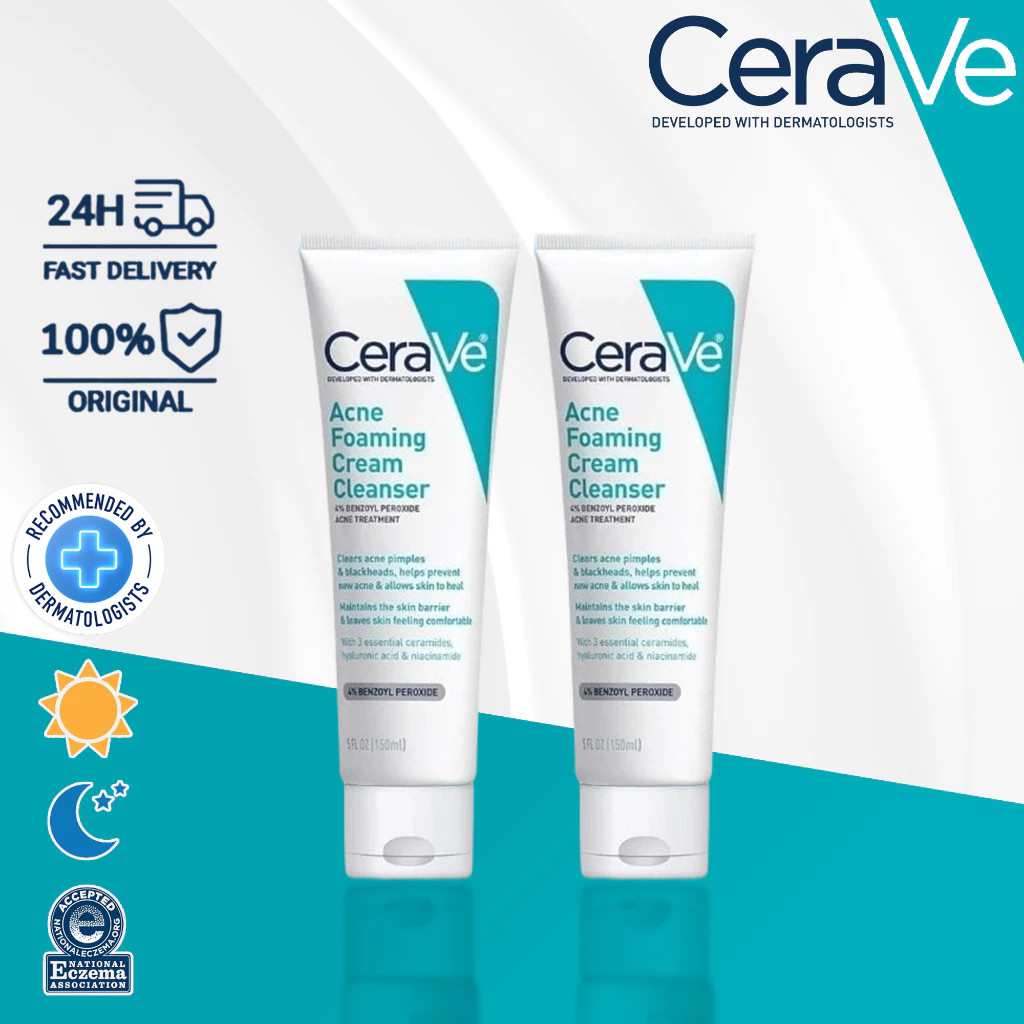 【ซื้อ 1 แถม 1 ฟรี】CeraVe Acne Foaming Cream Cleanser 150ml โฟมลดสิวเห่อ ลดการระคายเคือง ลดสิวหัวขาวหัวดำ