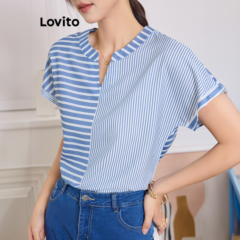 Lovito เสื้อเบลาส์ผู้หญิง ลายทาง แบบคัลเลอร์บล็อก สไตล์ลำลอง L91AD007