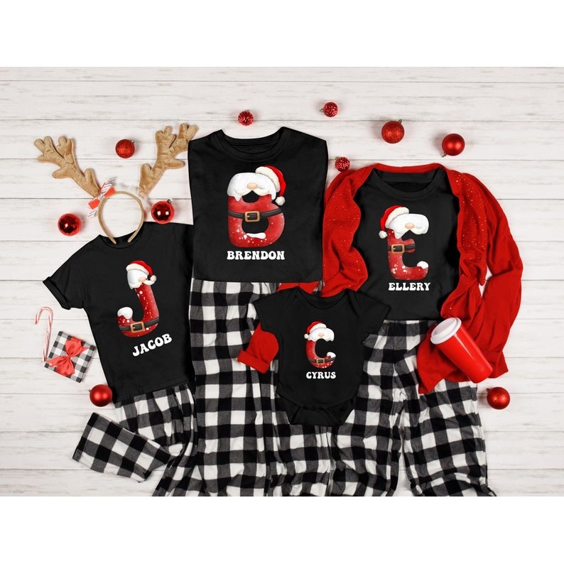 Custom Christmas Name Shirt, Custom Monogrammed Santa 's Alphabet Shirt, Christmas Family Pajamas, C