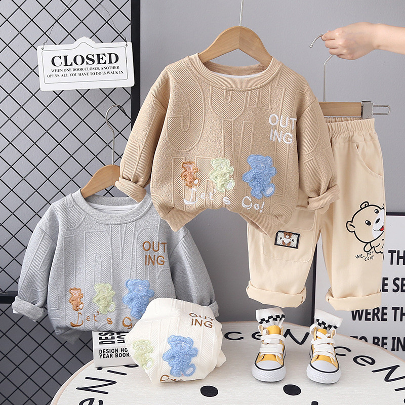 เสื้อผ้าเด็ก เด็กทารกแขนยาว 2 ชิ้นชุด 1-5 ปีสาวฤดูใบไม้ผลิฤดูใบไม้ร่วงใหม่การ์ตูนพิมพ์หมีเสื้อกันหนาวกางเกงเด็กเสื้อผ้าสูท