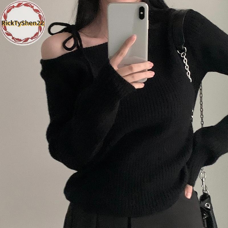 Ricktyshen เสื้อกันหนาวผู้หญิงไม่สม่ําเสมอ Skew แขนยาว Chic Casual ถัก Pullovers TH