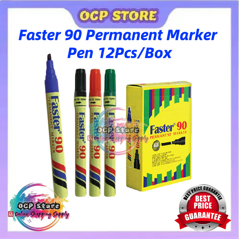 12-PCSFaster 90 ปากกามาร์กเกอร์ถาวร Xylene ฟรี Faster ปากกามาร์กเกอร์ถาวร MF-90 สีฟ้าสีแดงสีดํา