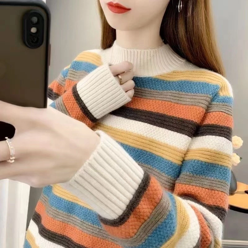 ครึ่งคอเต่าลายเสื้อกันหนาวผู้หญิง 2025 ฤดูใบไม้ร่วงฤดูหนาวสไตล์ใหม่เกาหลีรุ่นหลวมถักเสื้อ จุดต่ําสุด ด้านนอก เรา