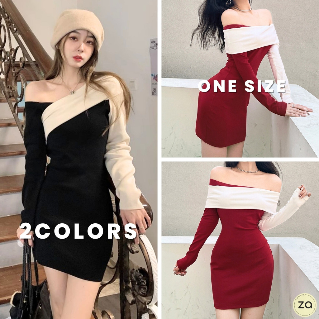HOT SALE ชุดเดรสไหมพรมคริสต์มาส แขนยาว สไตล์ปาดไหล่ สีทูโทนสวยๆ