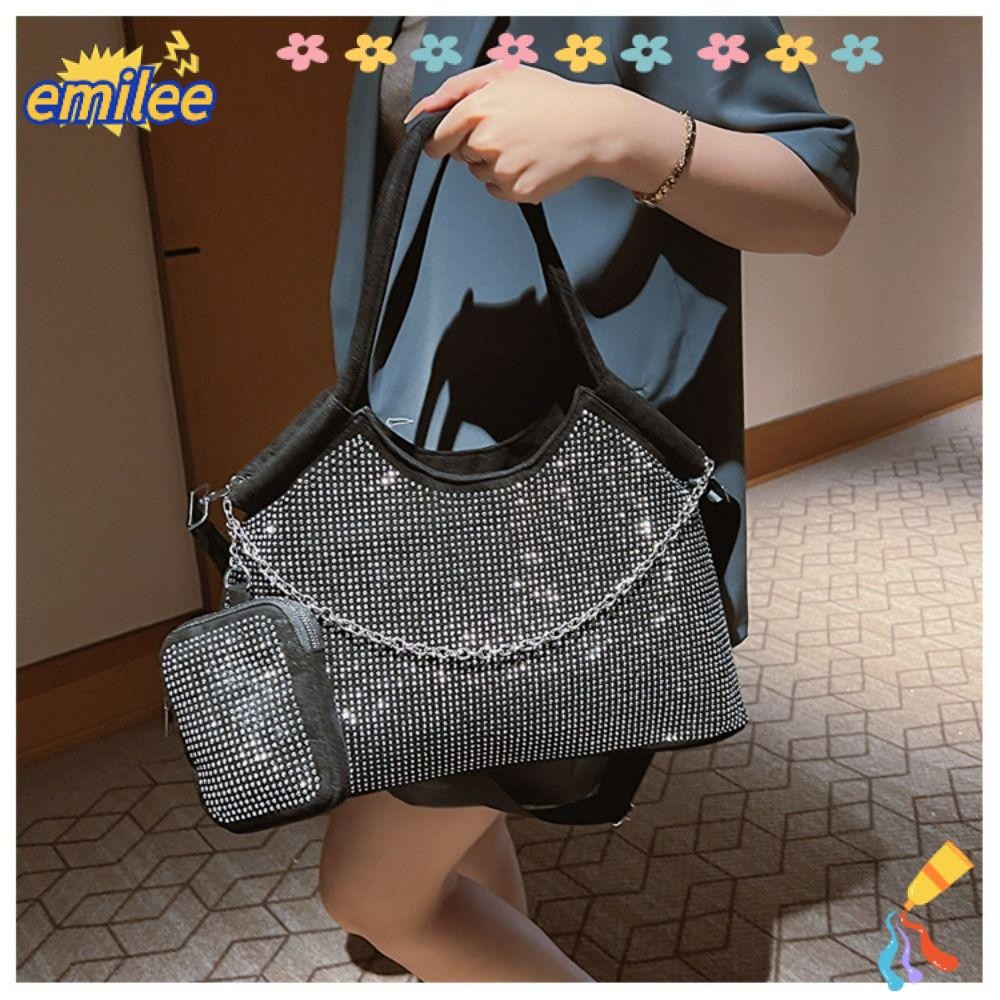Emilee กระเป๋าสะพาย,กระเป๋าถือขนาดใหญ่ความจุ Totes กระเป๋าแฟชั่น Rhinestone กระเป๋า PU กระเป๋าใต้วงแขนสุภาพสตรี