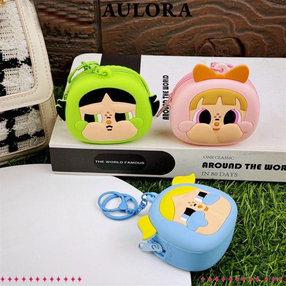 Aulora กระเป๋าสตางค์พวงกุญแจ, การ์ตูน The Powerpuff Girls Silicone Purse, Cute POP MART Creative Key Ring Bag