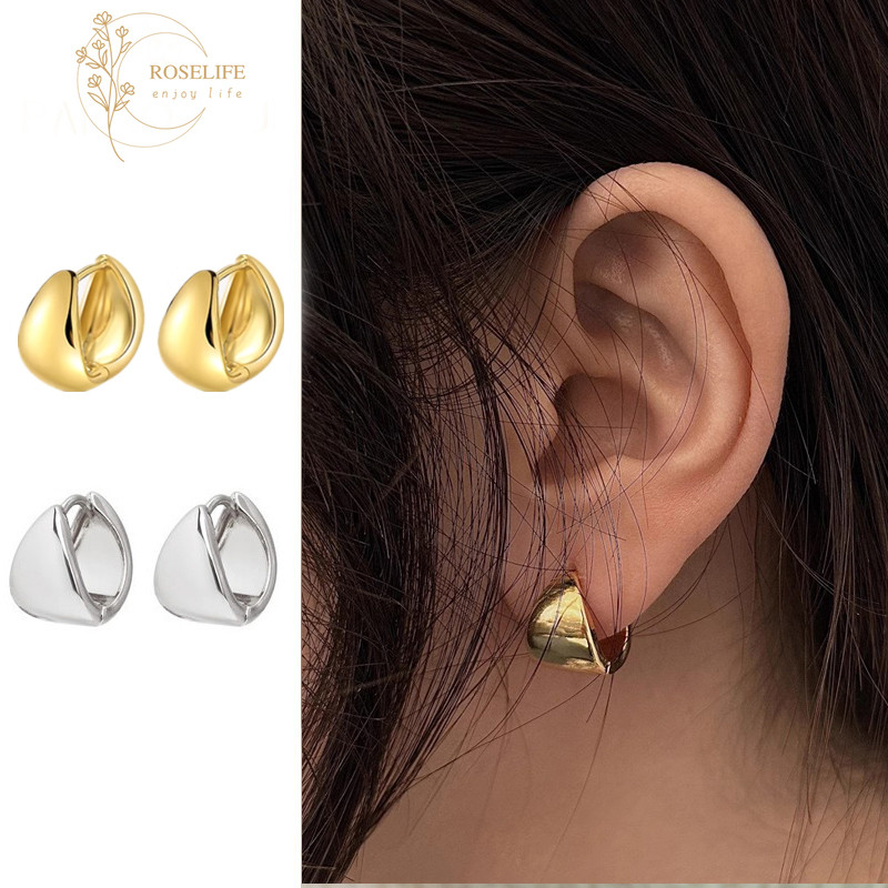 Roselife Vintage 14K Gold Drops Glossy Geometric Circle Hoop ต่างหูสําหรับผู้หญิงสาว Hypoallergenic รอบหูเครื่องประดับของขวัญ