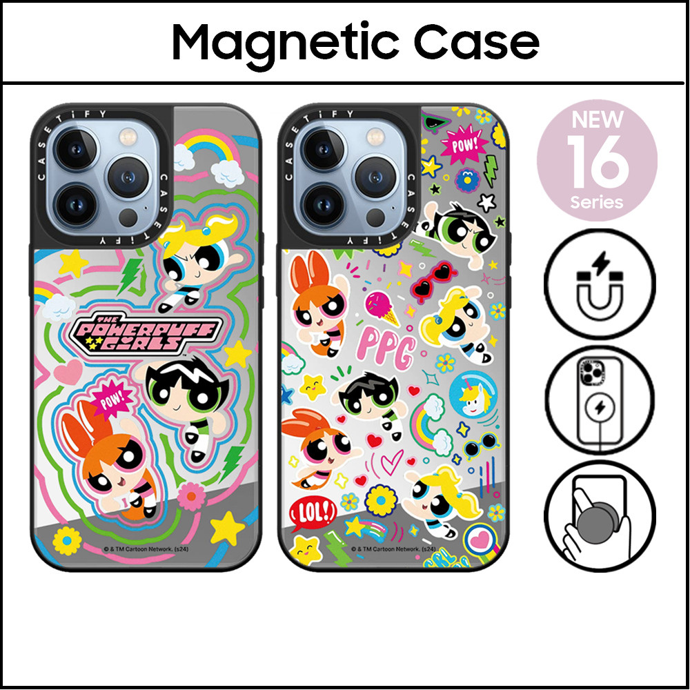 Caseti Power Puff Girl PPG พลาสติกแข็งกระจกอะคริลิคสําหรับ iPhone 16 11 12 13 14 15 Plus Pro Max Casing