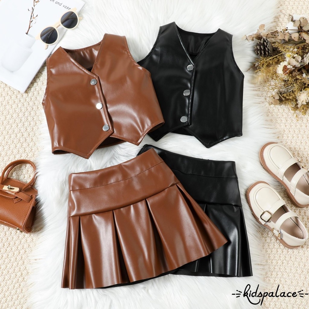 Bbq-2 ชิ้นชุดหนังสาวคอวีแขนกุดปุ่มขึ้นเสื้อกั๊กจีบกระโปรงฤดูร้อนชุด