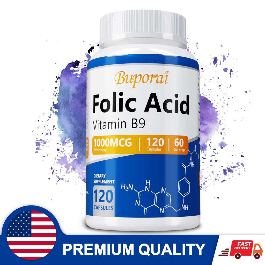 Bulporai Folic Acid (วิตามินบี 9) 1000 mcg - เป็นมิตรกับมังสวิรัติ ไม่ใช่จีเอ็มโอ ปราศจากกลูเตน 30/60/120 แคปซูล
