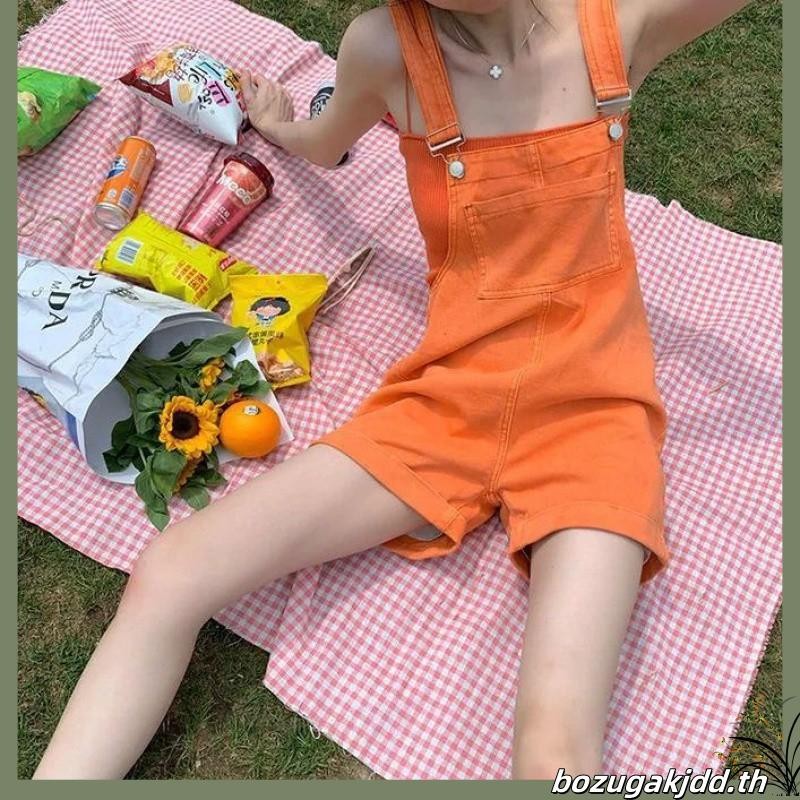 เอี๊ยมขายาว Overalls Denim เอี๊ยมขาสั้นผ้ายีนส์สีส้มหวานฤดูร้อนสำหรับผู้หญิงจั๊มสูทใส่แล้วดูผอมเพรียวสำหรับนักเรียนวัยเล็กสไตล์ตะวันตกบาง