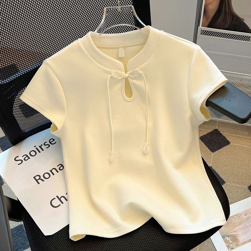 ใหม่สไตล์จีนสไตล์จีนแขนสั้นเสื้อยืดผู้หญิงสบายๆทุกการแข่งขันสั้น Slim-Fit ฐานปุ่มด้านบน