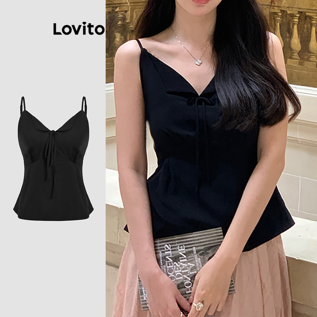 Lovito เสื้อสายเดี่ยวผู้หญิง แต่งโบว์ สีพื้น สไตล์ลำลอง LNE68568