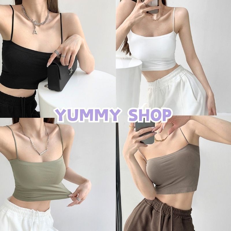 🎀Yummy Shop🎀พร้อมส่ง【FY1803/FY1806】สายเดี่ยวทรงครอปสั้น บรามีฟองน้ำ  สีพื้นเรียบๆมีฟองน้ำในตัว