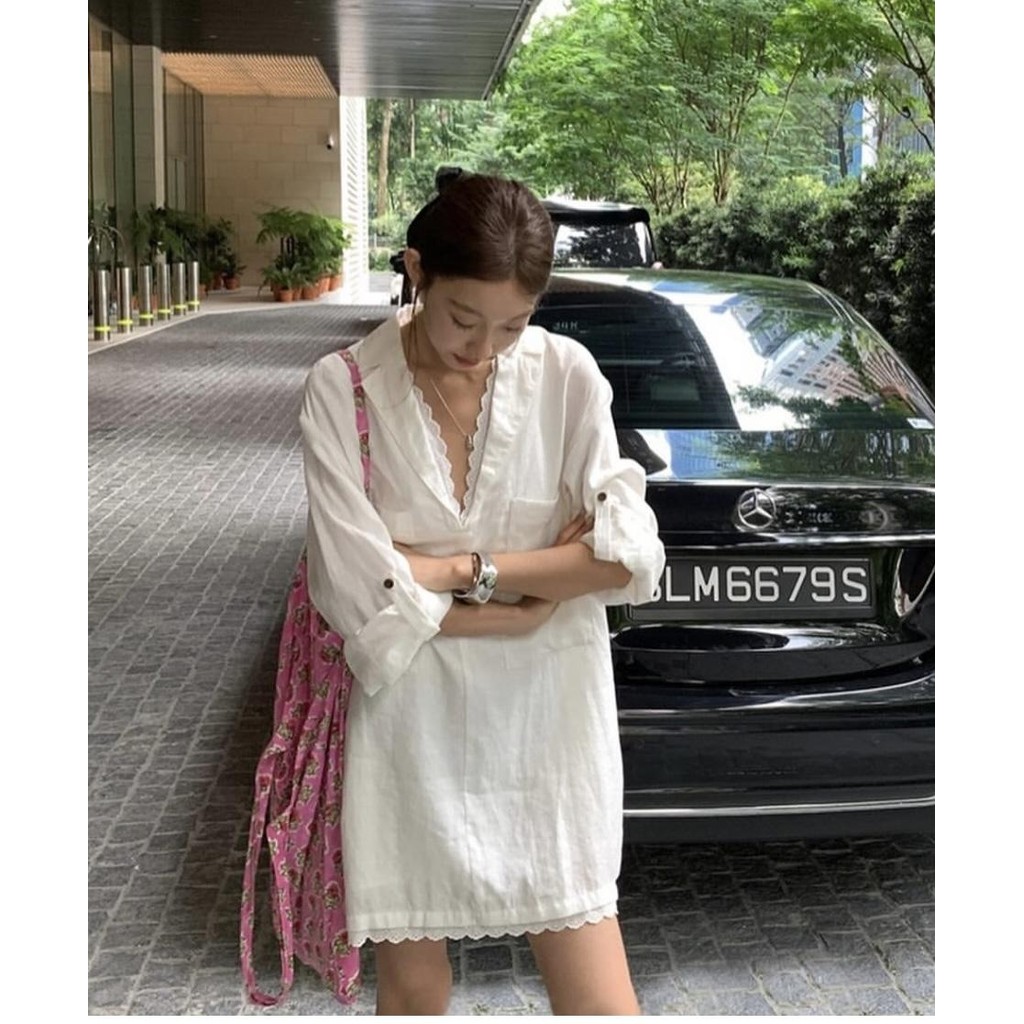 mimi&didi#เสื้อเชิ้ตยาวปานกลางคอวีขนาดใหญ่ประดับด้วยลูกไม้ แขนยาว สีชมพู แฟชั่น เสื้อเชิ้ตที่หรูหราและเป็นผู้หญิง#W520