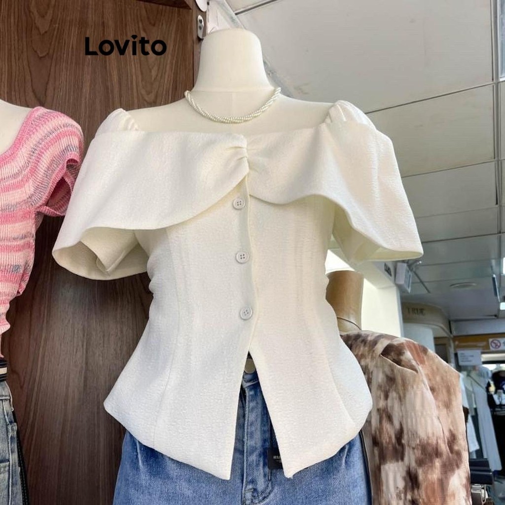 Lovito เสื้อเบลาส์แยกไหล่เย็นธรรมดาสบาย ๆ สำหรับผู้หญิง LNE70546