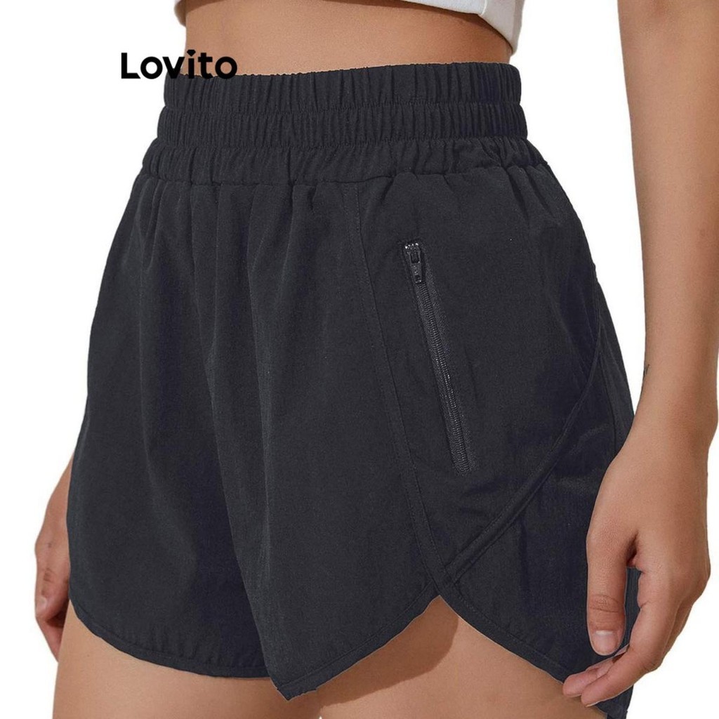 Lovito กางเกงกีฬาขาสั้นผู้หญิง มีกระเป๋า มีซิป สีพื้น สไตล์สปอร์ต LNL69328