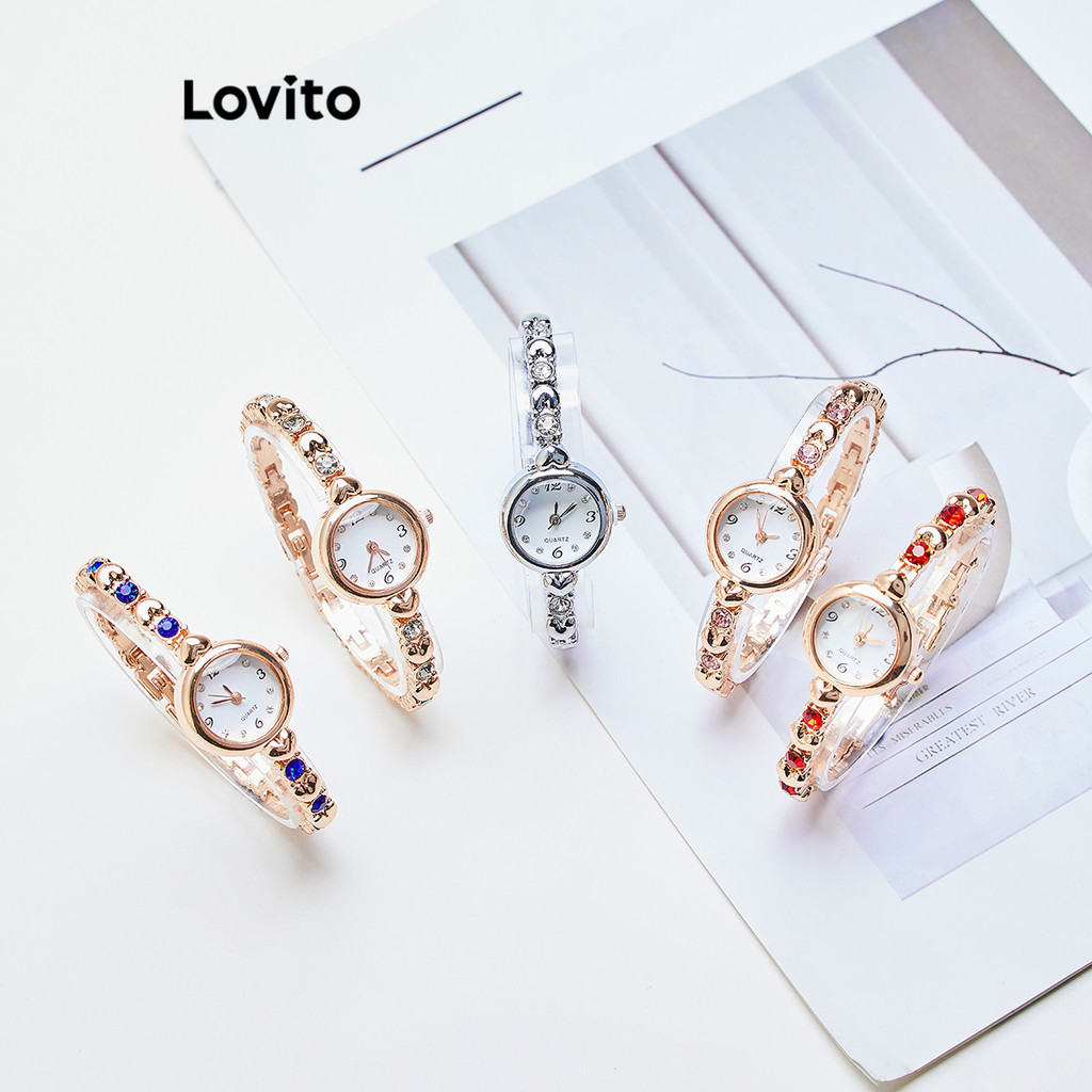 Lovito นาฬิกาข้อมือผู้หญิง แบบควอทซ์ แต่งพลอยเทียม รูปหัวใจ สไตล์หรูหรา LFA78162