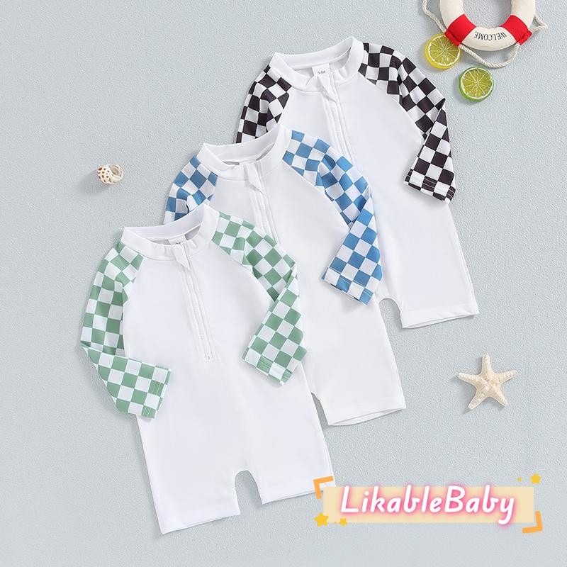 Little Boy Checkerboard แขนยาวรอบคอซิป Rash Guard ชุดว่ายน้ํา