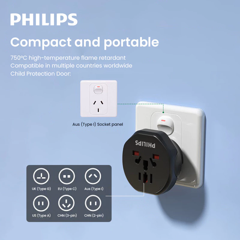 Philips ปลั๊กอะแดปเตอร์ ปลั๊กอะแดปเตอร์ ท่องเที่ยวสากล ตัวแปลงไฟ UK EU US AUS