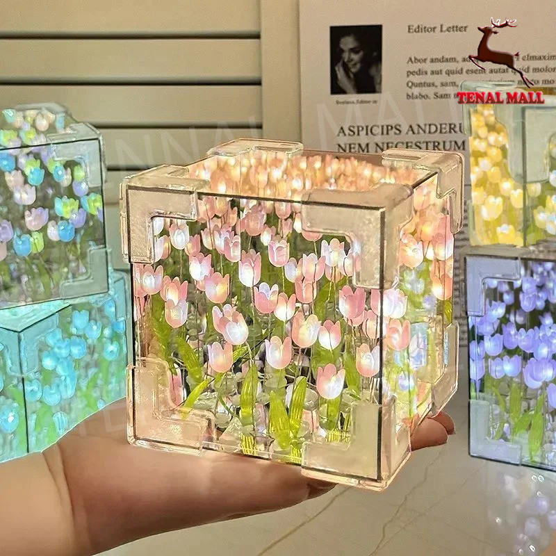 Diy ทิวลิปกระจก Cube โคมไฟจําลองดอกไม ของขวัญวันเกิด ทําด้วยมือDIY