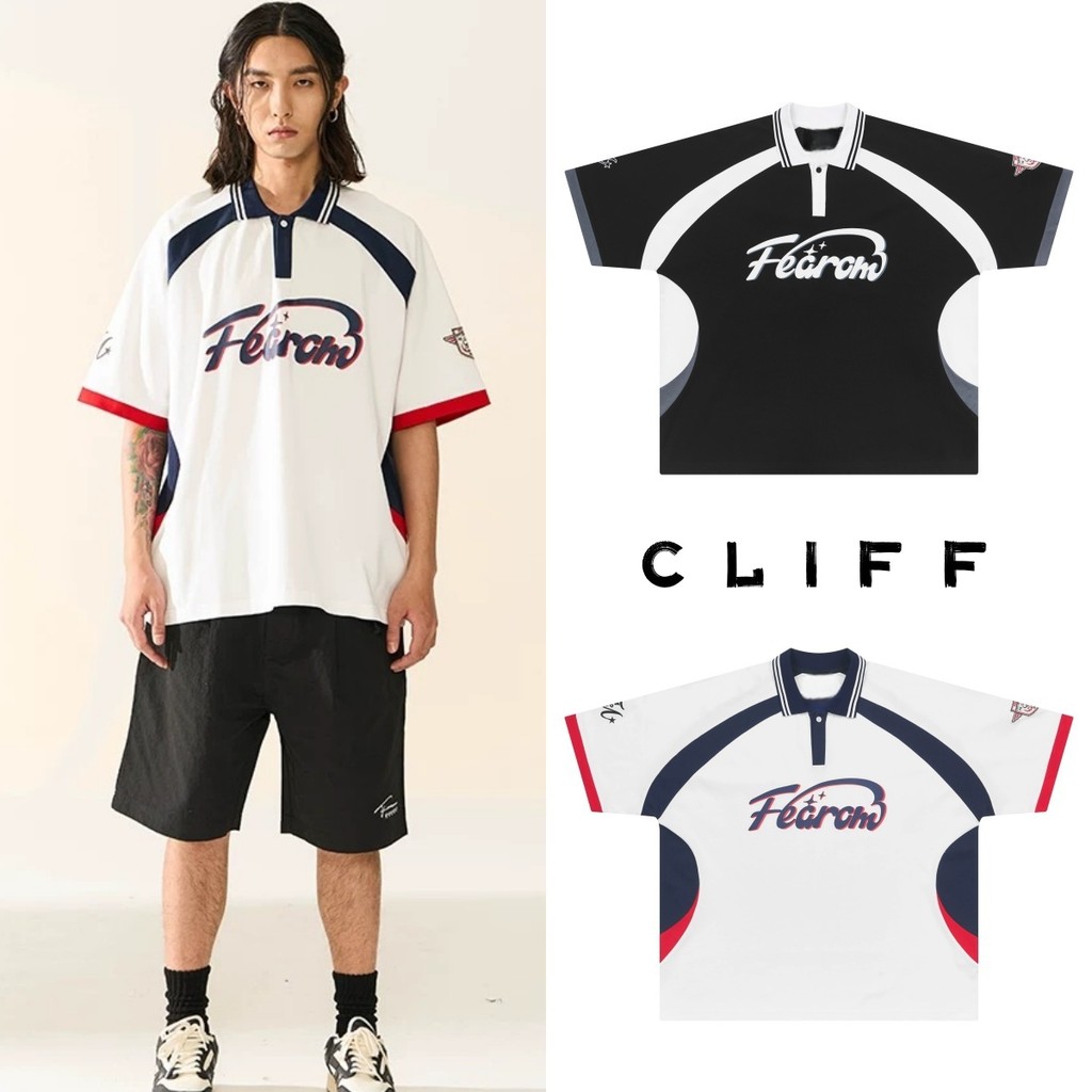 CLIFF เสื้อโปโลผู้ชาย การออกแบบคอกลม สีตัดกัน สไตล์อเมริกันวินเทจ แฟชั่นแบรนด์ยอดนิยม ชุดคู่รัก