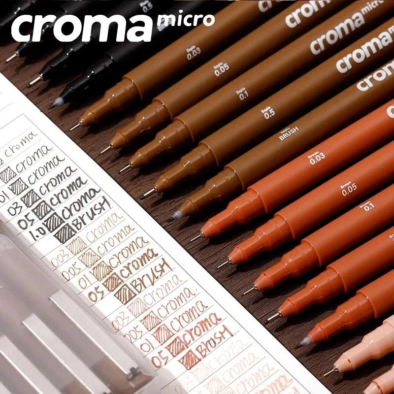 Croma Micro Fineliner Art ปากกาประดิษฐ์ตัวอักษรชุดเข็มนุ่มเคล็ดลับศิลปินวาด Sketching สีดํา/สีน้ําตาล/ผิว