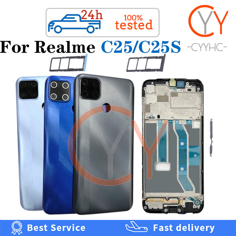 สําหรับoppo Realme C25 / C25Sฝาหลังปุ่มที่อยู่อาศัยแบตเตอรี่เปิดปุ่มปิดสายไฟฝาครอบแบตเตอรี่ประตูด้านหลัง + กรอบด้านหน้าLCD + ถาดซิมเปลี่ยนการ์ด