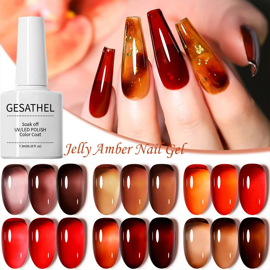 GESATHEL เจลลี่ สีเหลืองอำพัน สีทาเล็บเจล การตกผลึก โปร่งแสง เจลเล็บปลอม กึ่งถาวร UV Gel Nail Polish