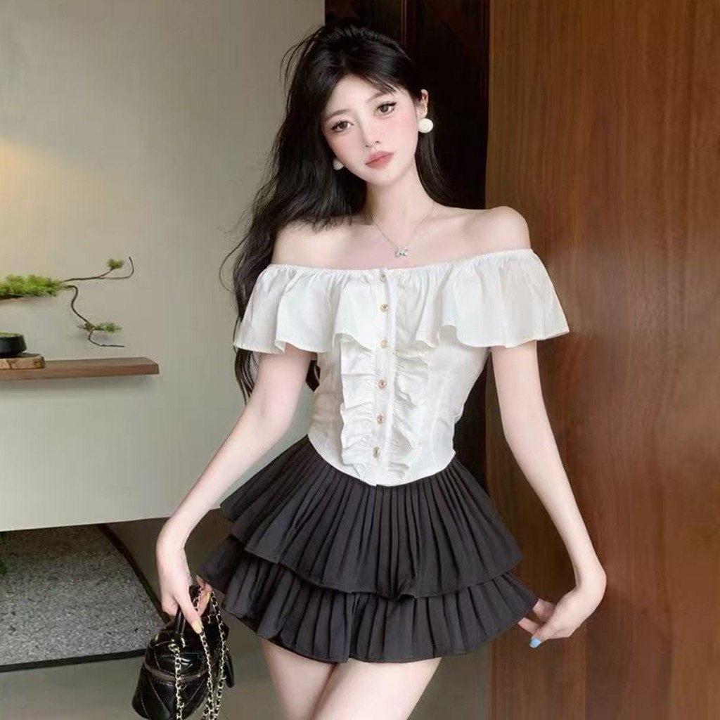 เสื้อครอปฝรั่งเศสเปิดไหล่พร้อมกระโปรง - รูปที่ 5
