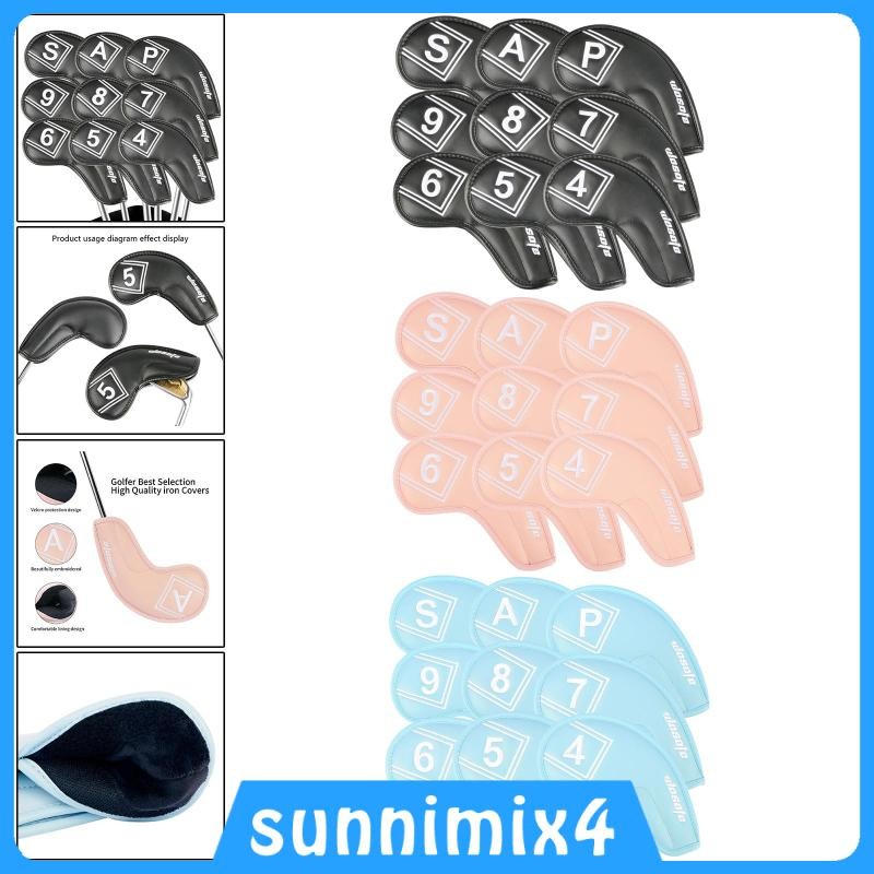 [H2Sports] 9 ชิ้นฝาครอบหัวไม้กอล์ฟปักหมายเลข 4,5,6,7,8,9,P,A,S Sticky Long Neck PU Leather Protectiv
