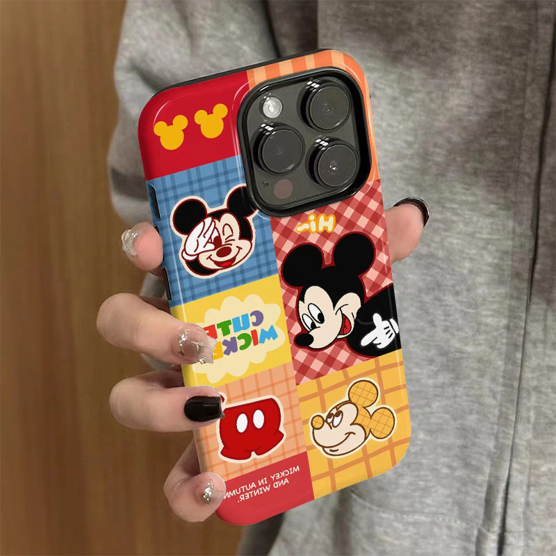 เคสโทรศัพท์ Mickey 2-in-1 บล็อกสีเข้ากันได้กับ iPhone 15 Pro Max, Apple 16 14 Plus 11/12/13 Pro Max, เคสป้องกันกันกระแทกใหม่