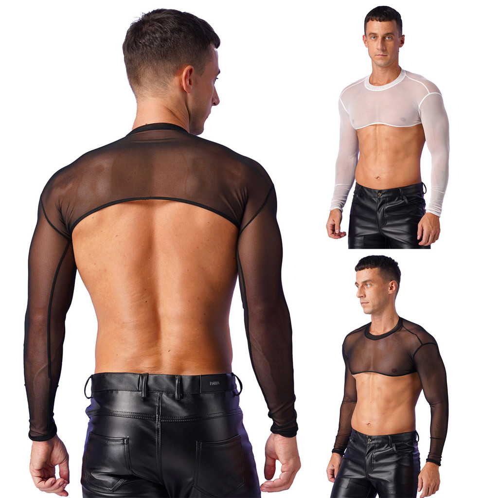 Inlzdz Mens ดูผ่านตาข่าย Crop Top Mock คอแขนยาวเสื้อยืด Cover Ups Beachwear Clubwear
