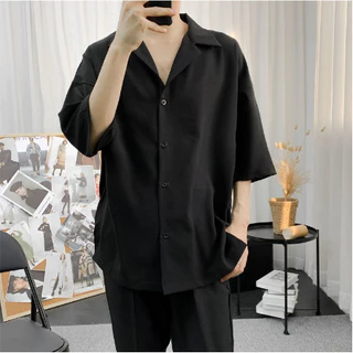 ACHSAWAKE เสื้อเชิ้ตผู้ชาย ทรงหลวม แขนสั้น เทรนด์ผ้าไหมน้ำแข็งขั้นสูง