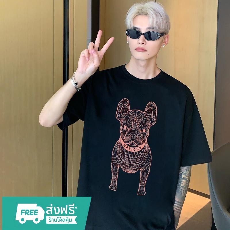 （จัดส่งตลอด 24 ชั่วโมง）Fanfei  เสื้อยืดแขนสั้น oversize 5ลาย น้องหมาDOGBASIQUE ผ้าคอตตอน นุ่มมากใส่สบาย ขาวดำ unisex7
