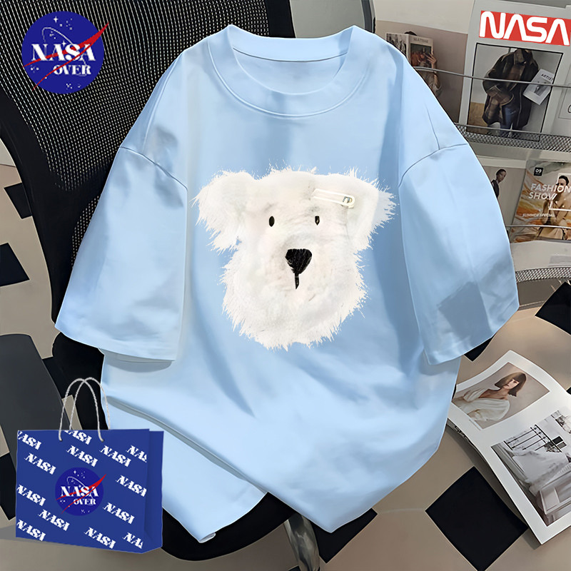 NASA✨สไตล์เกาหลีแฟชั่น✨เสื้อเชิ้ตสำหรับผู้หญิงสีฟ้าโอเวอร์ไซส์ลายพิมพ์สุนัขตัวน้อยคอตตอนแขนสั้นคอวงรุ่น✨🐶 YG195