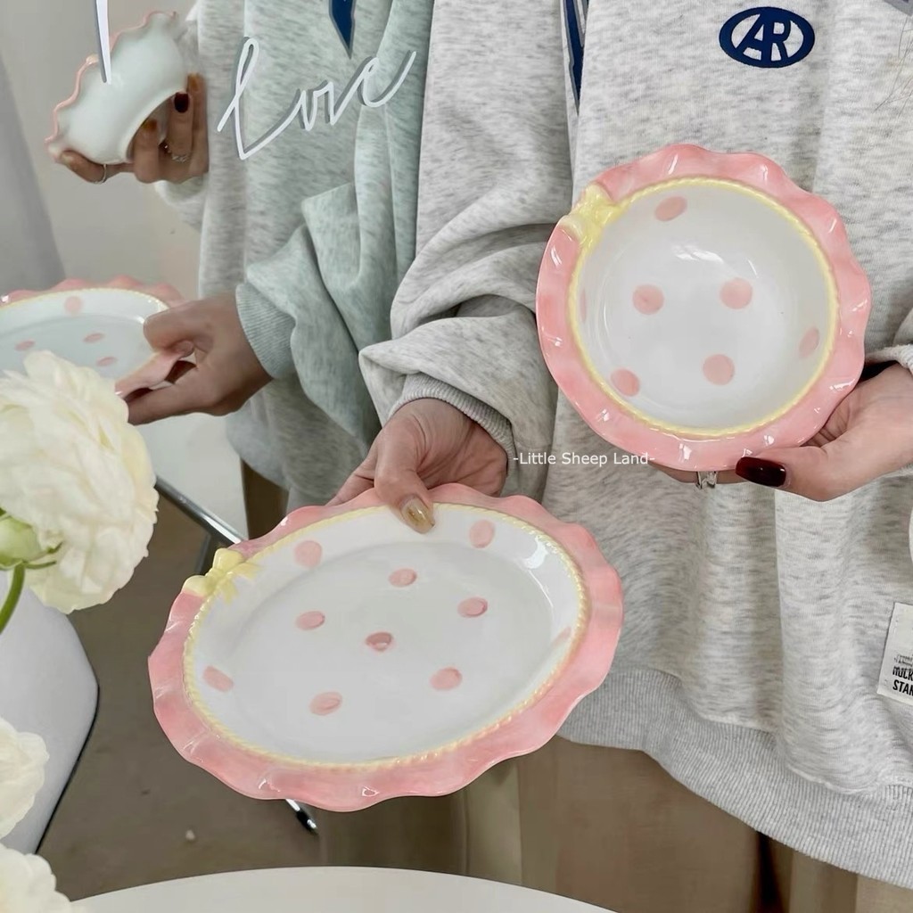 จานขนม จานเซรามิค insจานรูปหัวใจลายจุดโบว์น่ารัก สไตล์เกาหลี - รูปที่ 4
