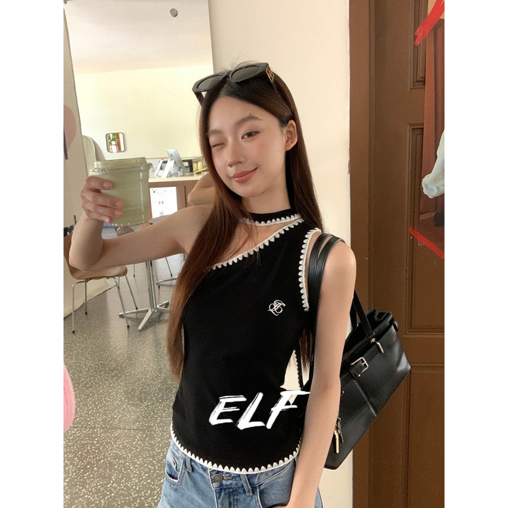 ELFwoo เสื้อชั้นในสตรีไหล่เฉียงดีไซน์สีดําเสื้อแขนกุดฤดูร้อนสําหรับผู้หญิง