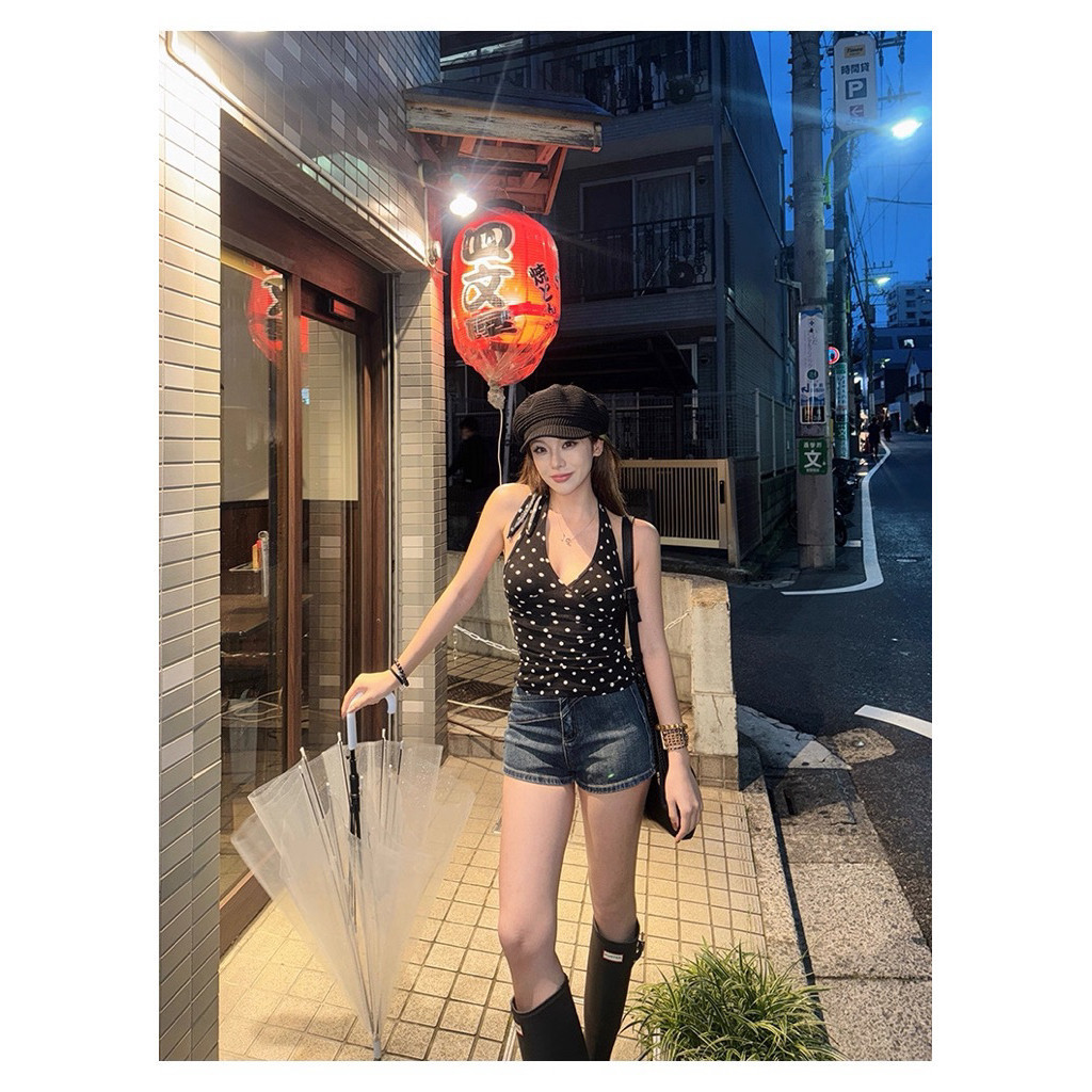 iBlueพร้อมส่ง💎เสื้อคล้องคอลายจุด ทรางรัดรูปคอวีลึก ปิดหล สไตล์ผูกโบว์ Polkado ชุดไปเที่ยวเซ็กซี่แฟชั่น สำหรับผู้หญิง - รูปที่ 7